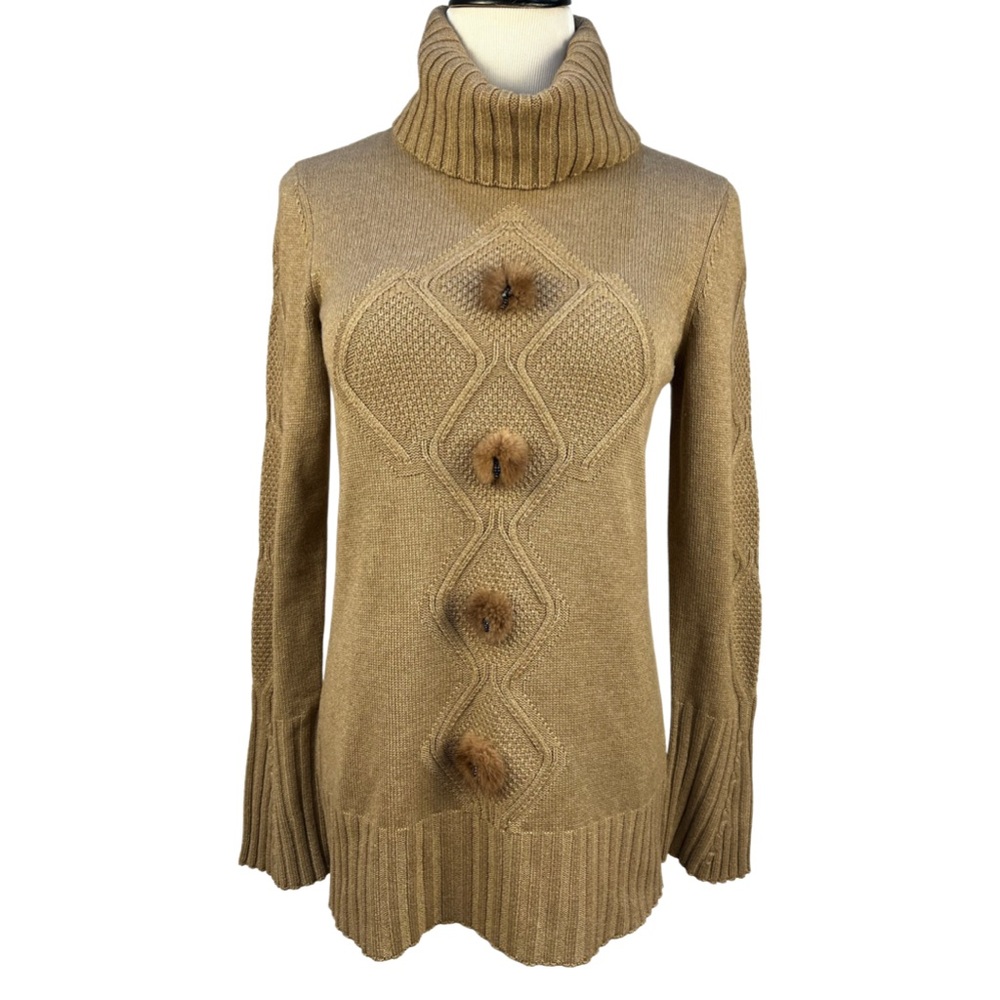 Escada Coffee/Tan Cashmere/Silk/Wool Turtleneck Sweater, Rabbit Fur & Be…
